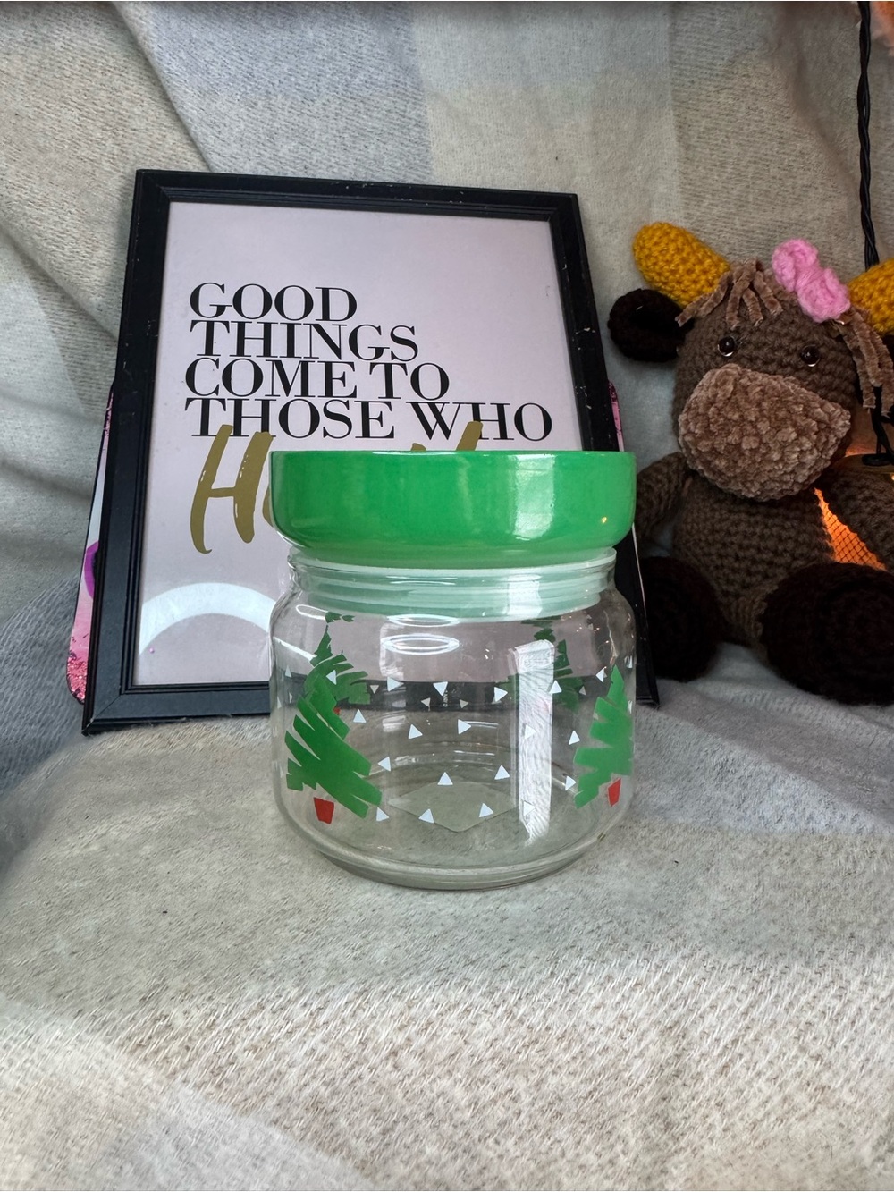 Vintage Holiday Glass Jar with Green Lid